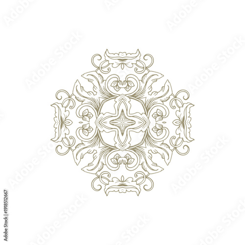 Golden decorative rosette - mandala with floral motif, on white background	