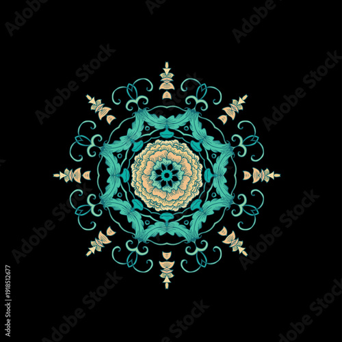Turquoise decorative rosette - mandala with floral motif, on dark background	