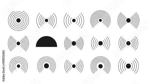 Abstract circular radar icons in grayscale arranged in a grid for design resources.