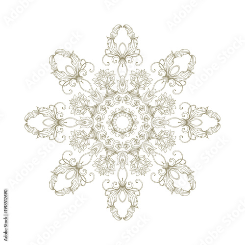 Golden decorative rosette - mandala with floral motif, on white background	