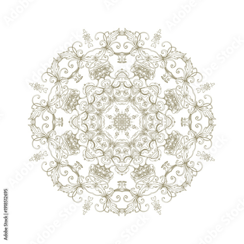 Golden decorative rosette - mandala with floral motif, on white background	