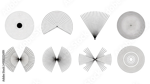 Collection of geometric circular diagrams featuring radial patterns and abstract line work.