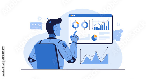 A futuristic AI robot meticulously interacts with a digital dashboard, analyzing complex data visualizations for business intelligence and technological innovation.