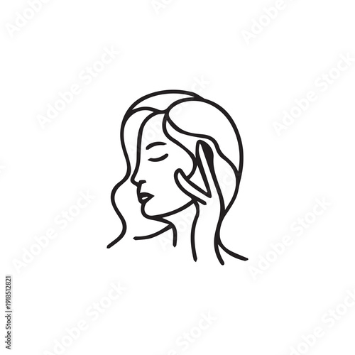 Minimalist outline drawing of woman's profile with hand touching face, elegant serene beauty portrait