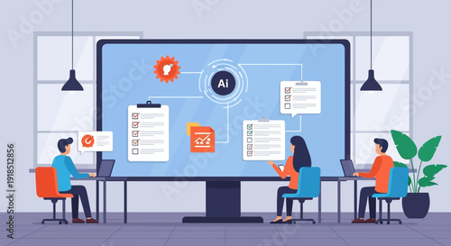 Professionals collaborate on a large digital screen displaying artificial intelligence algorithms and data processing workflows in a modern office environment.