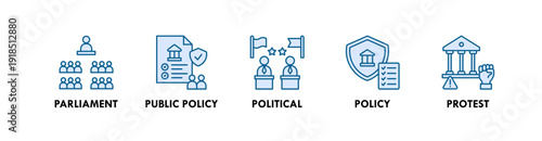 Politics banner web icon illustration concept with icon of parliament, public policy, political, policy, protest