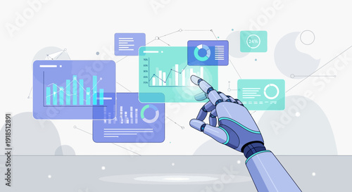 A sleek robotic hand precisely navigates an advanced digital interface filled with interactive data visualizations and analytical charts, demonstrating AI.