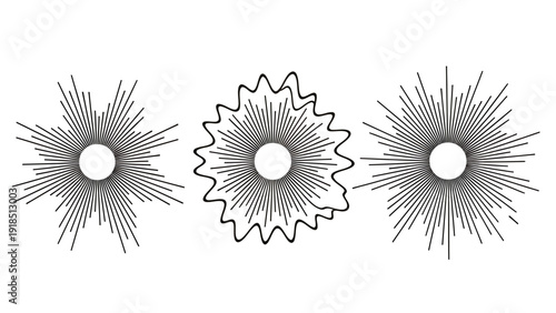 Three Radial Starburst Logos with Spiky Circular Designs for Graphic Resources.