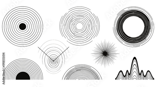 Abstract concentric circles and radial designs array for graphic composition.