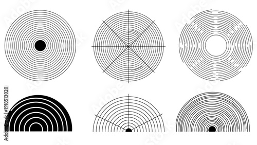 Abstract radial circle patterns forming geometric discs and segments in grayscale.