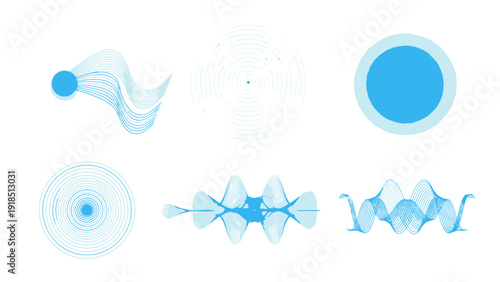 Abstract blue geometric and fluid waveform patterns for graphic design.