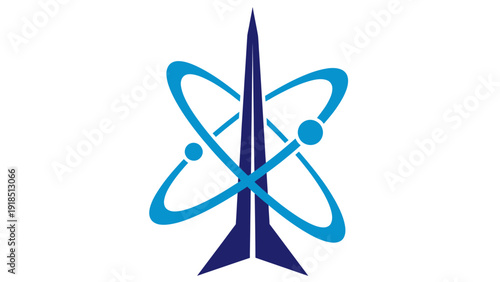 Abstract blue and purple science themed logo with orbital rings and futuristic design.