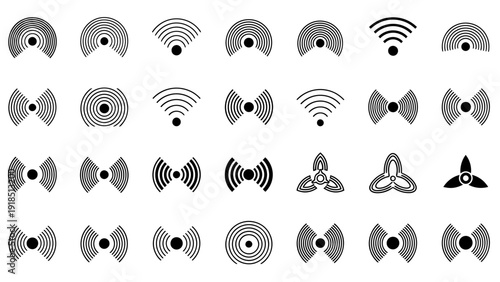 Collection of abstract circular icons featuring symmetrical shapes and radio wave motifs.