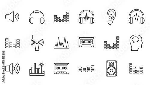 Set of audio and music technology icons including headphones, cassette, speakers, equalizers and sound equipment in a grid design.