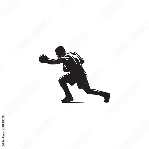 Boxer silhouette punching with boxing gloves, intense fighting stance, athletic body, sports illustration, monochrome vector