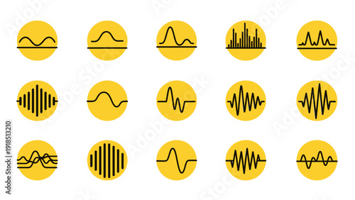 Collection of circular yellow and black wave icons with abstract patterns for graphic design resources.