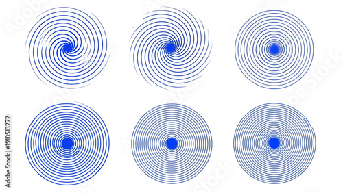 Abstract blue concentric spiral targets in circles with radial rings.