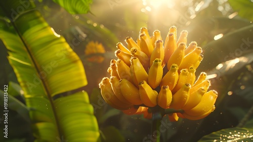 A bunch of bright yellow bananas still hanging from