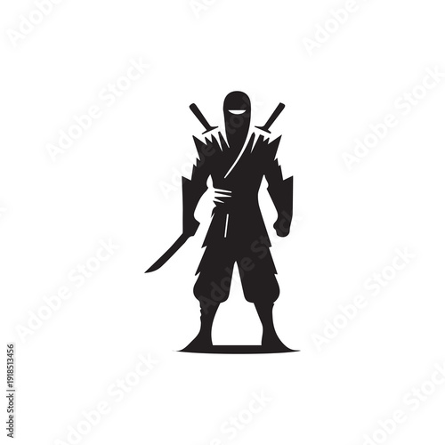 Ninja with swords on back, standing combat pose, Japanese warrior silhouette, martial arts fighter, stealth assassin