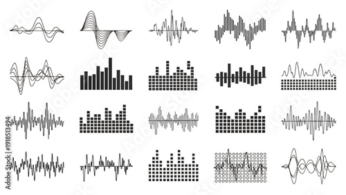Abstract Collection of Waveforms and Bar Chart Patterns for Data Visualization Resources.