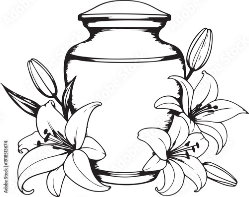 Cremation Urn with Ashes and White Lilies Hand-drawn Sketch Drawing Vector Illustration, Line Linear Symbol Black and White Engraving, Isolated