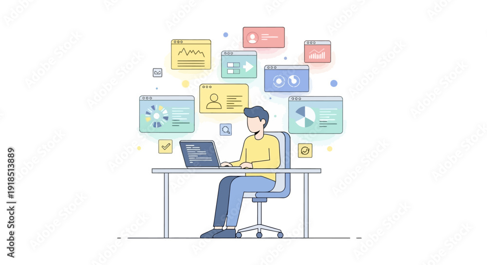 Fototapeta premium Man working at desk with digital elements