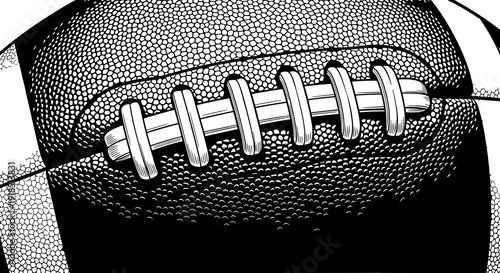 American Football Close-up Illustration Showing Laces and Leather Texture in Black and White