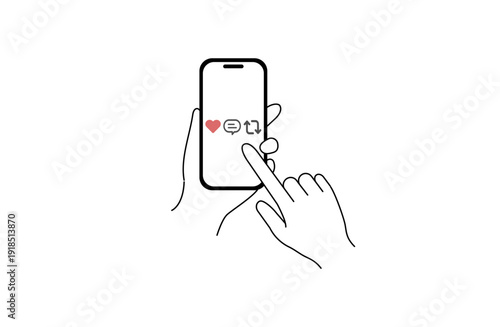 ハート・シェア・コメントアイコンを押そうとするスマホ操作のフラットイラスト