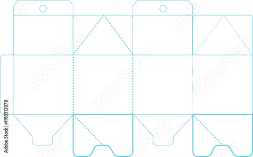 Blue line packaging dieline for cardboard tray box with thumb holes and fold lines for product mockups