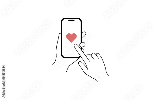 ハートマークを押そうとするスマホ操作のフラットイラスト