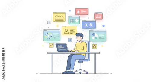 Man working at desk with digital elements