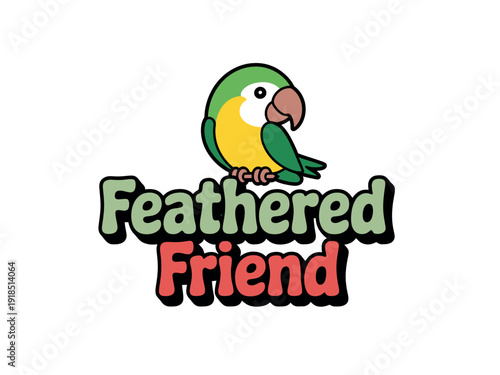 Cartoon parrot logo features bright green and yellow plumage above playful text reading Feathered Friend.