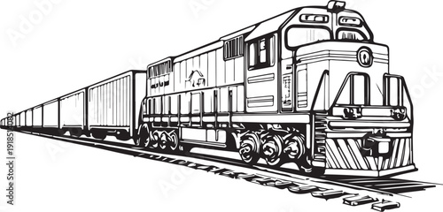 Freight train Hand-drawn Sketch Drawing Vector Illustration, Line Linear Symbol Black and White Engraving, Isolated