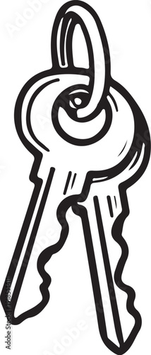 Keys / Key Hand-drawn Sketch Drawing Vector Illustration, Line Linear Symbol Black and White Engraving, Isolated