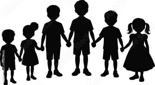 Children holding hands silhouettes, diverse kids friendship group isolated on white background vector illustration concept