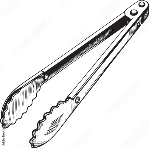 kitchen tongs Hand-drawn Sketch Drawing Vector Illustration, Line Linear Symbol Black and White Engraving, Isolated