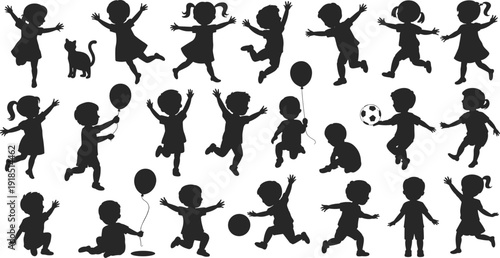 Children playing silhouettes collection, happy kids jumping running with balloons isolated on white background vector illustration set