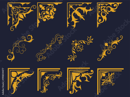 Golden Vintage Ornamental Corner Borders and Decorative Filigree Set
