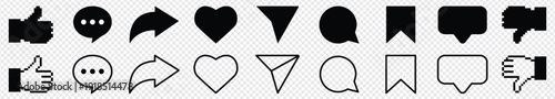 social media interface icon set in line style. like, unlike, comment, share, message, thumb and save simple black style symbol sign for apps and website