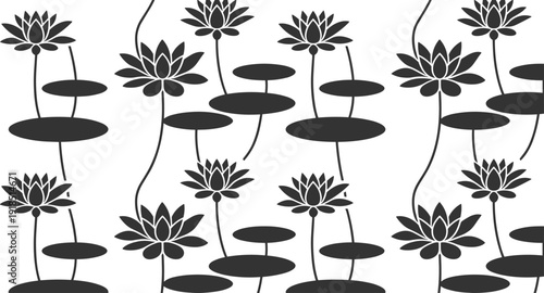 Lotus flower seamless pattern, black floral water lily design isolated on white background vector illustration for decor