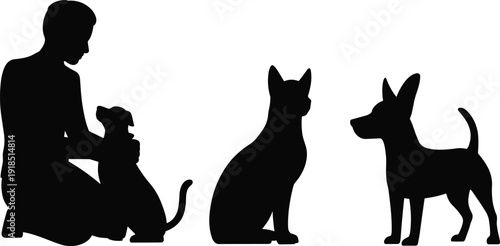 Pet owner with dog and cat silhouettes, domestic animals isolated on white background vector illustration set