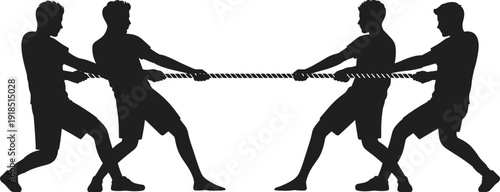Tug of war silhouettes, competitive team pulling rope isolated on white background vector illustration concept