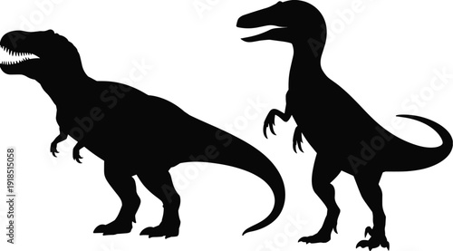 Tyrannosaurus Rex and Velociraptor dinosaur silhouettes, prehistoric predator reptiles isolated on white background vector illustration for design use
