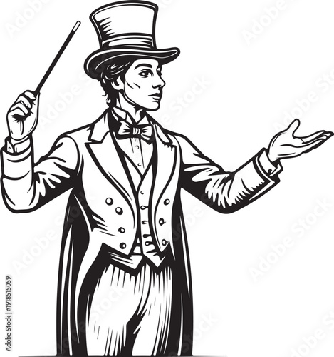 Magician Hand-drawn Sketch Drawing Vector Illustration, Line Linear Symbol Black and White Engraving, Isolated
