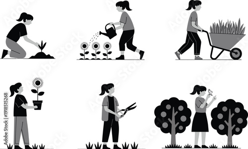 Woman gardening activity set, planting watering pruning plants isolated on white background vector illustration collection
