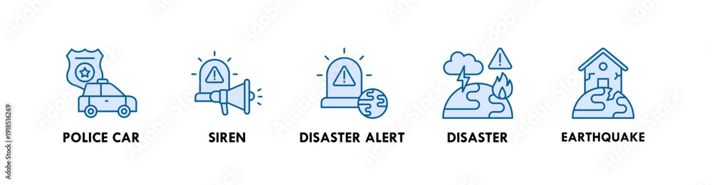 Fototapeta premium Emergency banner web icon illustration concept with icon of police care, siren, disaster alert, disaster, earthquake