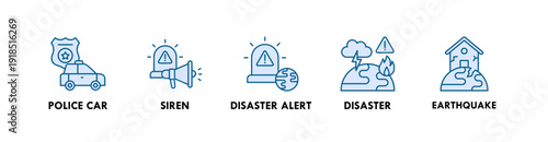 Emergency banner web icon illustration concept with icon of police care, siren, disaster alert, disaster, earthquake