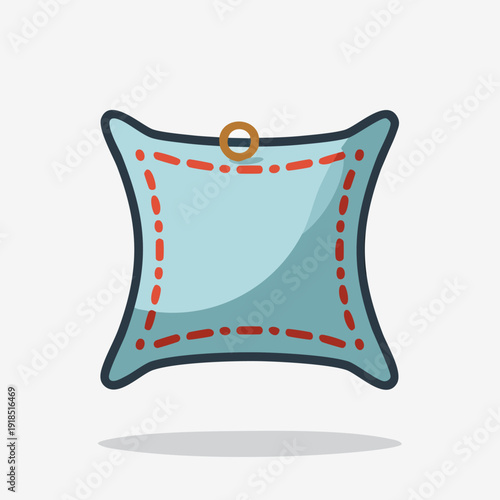 Cute cartoon pincushion with red stitching isolated on white.