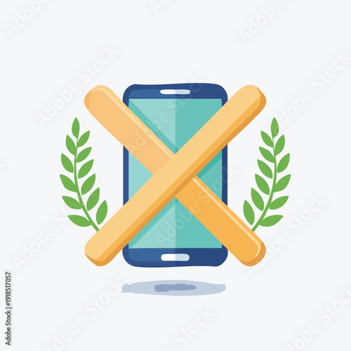 Digital Detox - Smartphone with Crossed Sticks and Laurel Wreath.