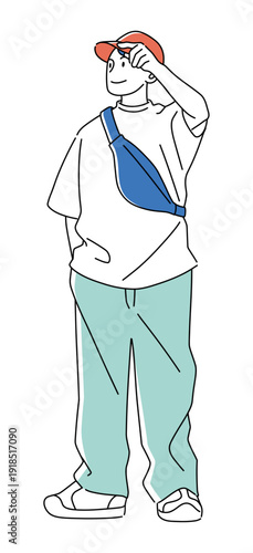 Full body vector illustration of a young man in casual summer clothes with an orange cap and blue sling bag